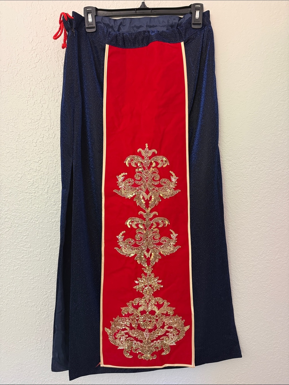 Vintage Ethnic Navy Lurex Maxi Skirt with Red Velvet Gold appliqué Panel